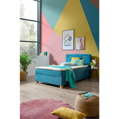 Moderano Boxspringbett BOXBETT in Türkis, Liegefläche 120x200 cm – mit Bettkasten, Bonellfederkern